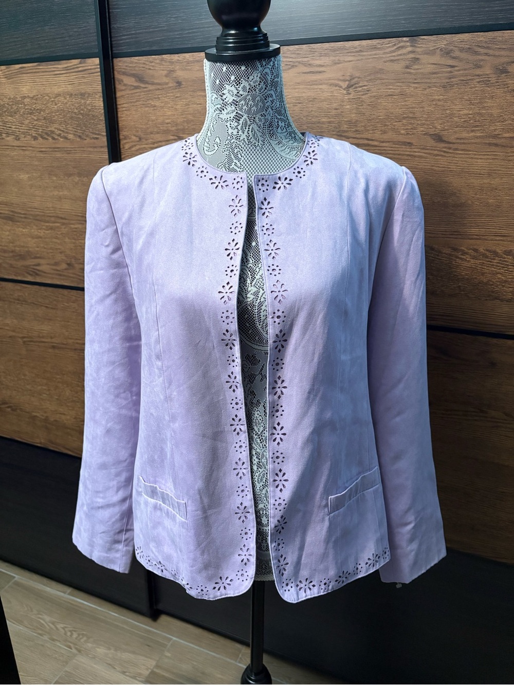 Alfred Dunner Lavender Eyelet Trim Open Front Jacket